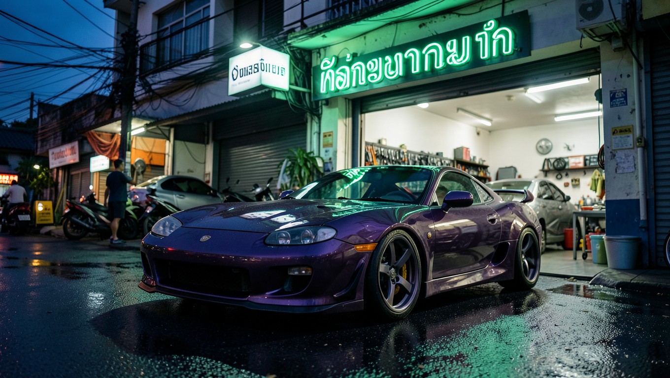 รถสีม่วงแต่งจอดหน้าอู่ยามเย็น